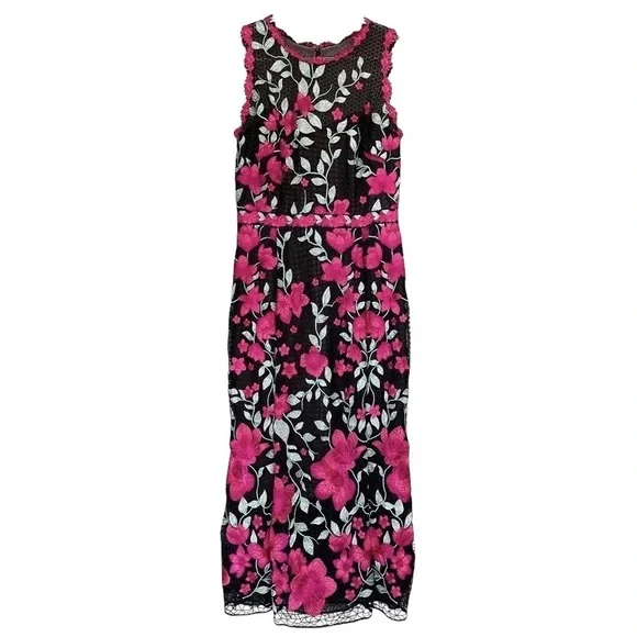Marchesa Notte Embroidered Floral Crochet Cocktail Midi Dress Black Pink  Size 6